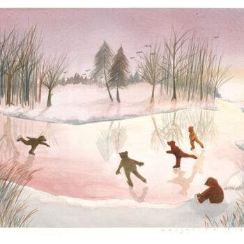 Painting titled "La patinoire" by Marjoline Fleur, Original Artwork, Watercolor