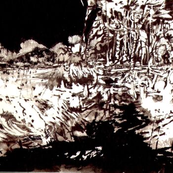 Tekening getiteld "Ciel noir, eau noire" door Dominique Leblanc, Origineel Kunstwerk, Inkt