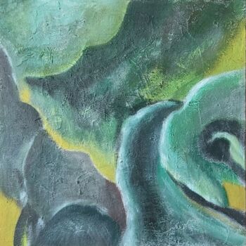 Painting titled "Green and yellow pe…" by Anastasiia Kolomashkina, Original Artwork, Acrylic Mounted on Cardboard