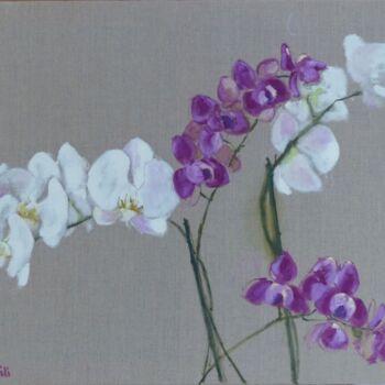 Painting titled "Orchidées 1" by Bénédicte Basili, Original Artwork, Oil Mounted on Wood Stretcher frame