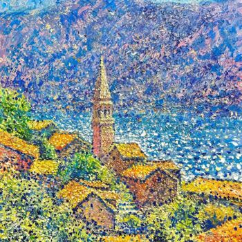 Painting titled "The bay's radiance" by Andrii Chebotaru, Original Artwork, Oil Mounted on Wood Stretcher frame