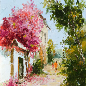 Malerei mit dem Titel "Bougainvillea Pathw…" von Hrach Baghdasaryan, Original-Kunstwerk, Öl Auf Keilrahmen aus Holz montiert