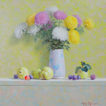 Painting titled "Chrysanthemums" by Art Trio Uz, Original Artwork, Oil Mounted on Wood Stretcher frame