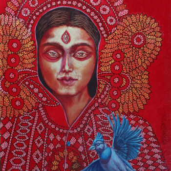 「DURGA WITH BLUE BIRD」というタイトルの絵画 Prasenjit Nathによって, オリジナルのアートワーク, アクリル 段ボールにマウント