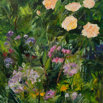 Schilderij getiteld "Rosen und Akelei" door Ute Meyer, Origineel Kunstwerk, Olie