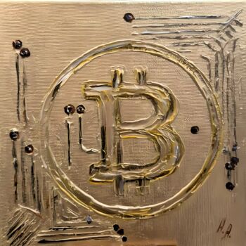 Painting titled "Golden Bitcoin Symb…" by Anna Abkaryan, Original Artwork, Acrylic Mounted on Wood Stretcher frame
