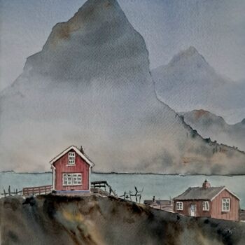 Painting titled "FJORD" by Alain Devienne, Original Artwork, Watercolor
