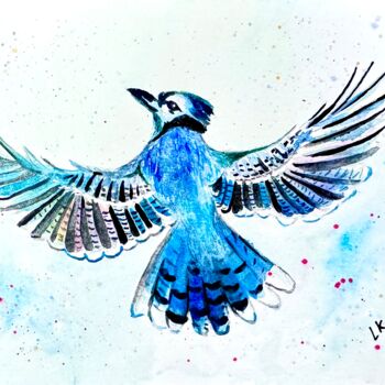 Painting titled "Blue Jay in Flight…" by Luba Kholov, Original Artwork, Watercolor