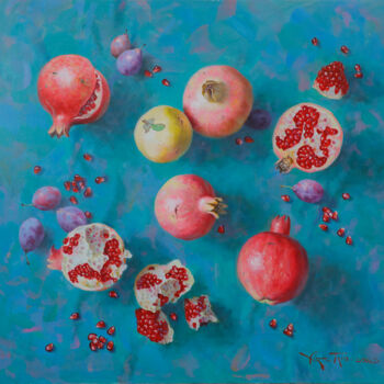 Painting titled "Pomegranates in wei…" by Art Trio Uz, Original Artwork, Oil Mounted on Wood Stretcher frame