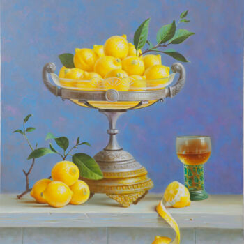 Painting titled "Lemons for Emperor" by Art Trio Uz, Original Artwork, Oil Mounted on Wood Stretcher frame