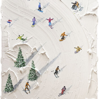 Painting titled "Skiers and snowboar…" by Kristina Tolmacheva (Levsha), Original Artwork, Plaster Mounted on Wood Panel