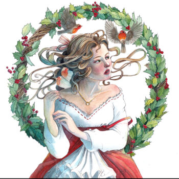 Schilderij getiteld "Houx et rouge gorges" door Merrylart, Origineel Kunstwerk, Aquarel