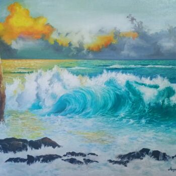 Painting titled "Seascape at sunset" by Anna Rita Angiolelli, Original Artwork, Oil Mounted on Wood Stretcher frame
