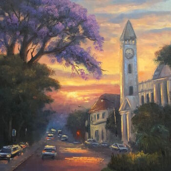 Painting titled "Jacaranda Morning" by Christopher Vidal, Original Artwork, Oil Mounted on Cardboard