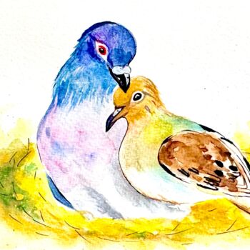 Painting titled "Pigeon and Dove Wat…" by Luba Kholov, Original Artwork, Watercolor