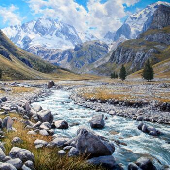 Painting titled "Mount Ulu-Tau" by Alik Olejnik, Original Artwork, Oil Mounted on Wood Panel