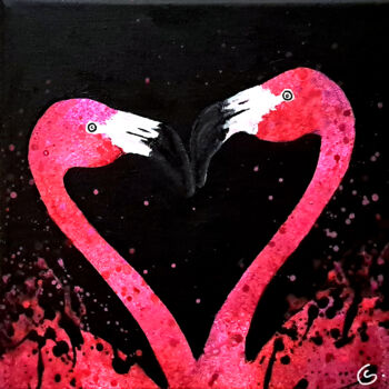 Painting titled "Cœur de flamants" by Sylvie Clain, Original Artwork, Acrylic Mounted on Wood Stretcher frame
