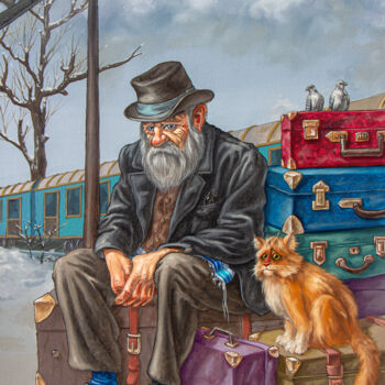 Painting titled "Suitcase, train sta…" by Victor Molev, Original Artwork, Oil Mounted on Wood Stretcher frame