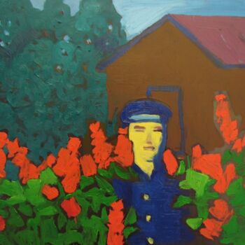 Painting titled "Man in red flowers…" by Viktoria Pidvarchan, Original Artwork, Oil
