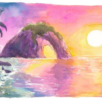 Malerei mit dem Titel "Golden Sunset Over…" von Artshop77, Original-Kunstwerk, Aquarell
