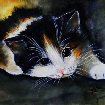 Painting titled "minet tricolore" by Sylvie Pinon, Original Artwork, Watercolor