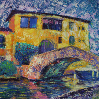 Painting titled "Port Grimaud Bridge" by Denis Kuvayev, Original Artwork, Acrylic Mounted on Wood Stretcher frame