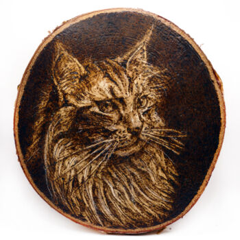 印花与版画 标题为“Maine Coon - pirogr…” 由Jakub Kossakowski (Art After Hours), 原创艺术品, 木