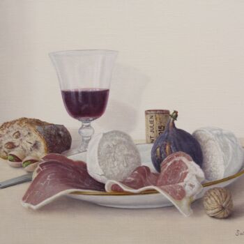 Painting titled "Dégustation, la tra…" by Reza Sarrafi, Original Artwork, Oil Mounted on Wood Stretcher frame