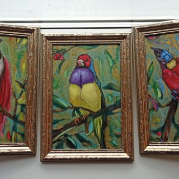 Painting titled "Set of 3 Birds of P…" by Svetlana Sindere, Original Artwork, Oil Mounted on Cardboard