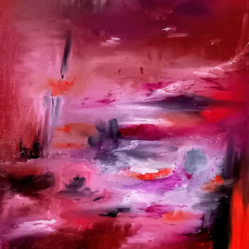 Painting titled "RED LANDSCAPE" by Michele Madeleine Guillot, Original Artwork, Oil Mounted on Wood Stretcher frame