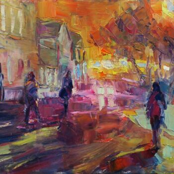 Painting titled "La ville nocturne" by Marta Lipowska, Original Artwork, Oil Mounted on Wood Stretcher frame