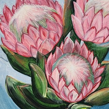 Painting titled "Protea Embrace: Str…" by Sasha Infinity Art, Original Artwork, Acrylic Mounted on Cardboard