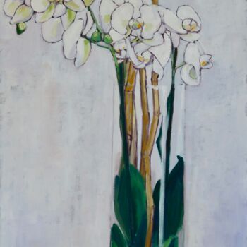 Painting titled "Orchidées 5" by Bénédicte Basili, Original Artwork, Oil Mounted on Wood Stretcher frame