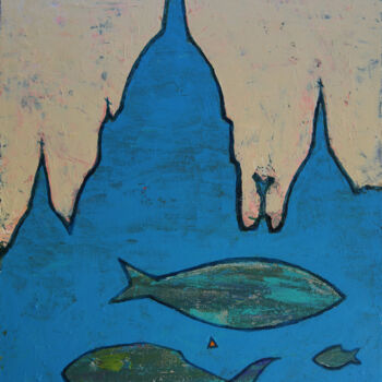 Painting titled "Montmartre fishes" by Denis Kuvayev, Original Artwork, Acrylic Mounted on Cardboard