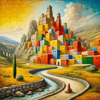 数字艺术 标题为“Pueblo en la montaña” 由Rogo Lino, 原创艺术品, AI生成的图像 安装在artwork_cat.上