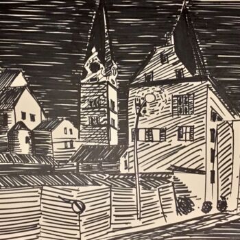 Drawing titled "Beromünster at night" by Hugo Silva, Original Artwork, Marker