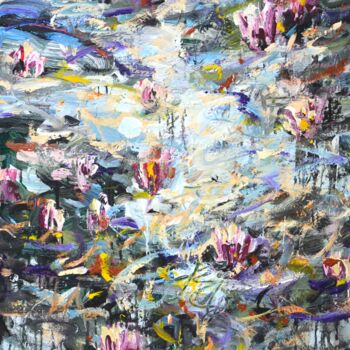 Painting titled "Water lilies 2" by Uladzimir Hurbo, Original Artwork, Acrylic Mounted on Wood Stretcher frame
