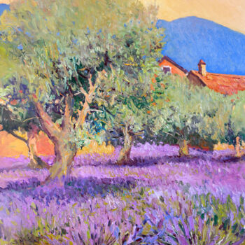Painting titled "Lavender Field and…" by Suren Nersisyan, Original Artwork, Oil Mounted on Wood Stretcher frame