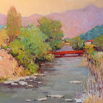 Painting titled "Evening in the Moun…" by Suren Nersisyan, Original Artwork, Oil Mounted on Wood Stretcher frame
