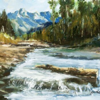 Peinture intitulée "Montagnes et Ruisse…" par Zude Lu, Œuvre d'art originale, Acrylique Monté sur Châssis en bois