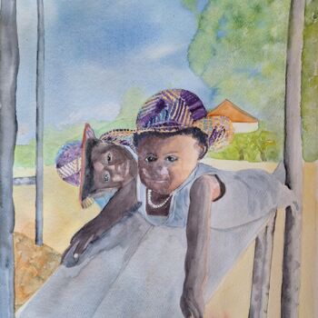 Peinture intitulée "Enfants aux chapeaux" par Pascale Coutoux, Œuvre d'art originale, Aquarelle