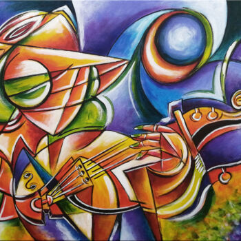 「Guitarist Woman #M3…」というタイトルの絵画 Thomas Langeによって, オリジナルのアートワーク, オイル ウッドストレッチャーフレームにマウント