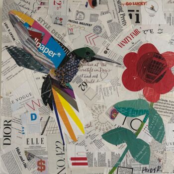 Collages intitulée "Hummingbird with Fl…" par Jim Hudek James Hudek, Œuvre d'art originale, Collages Monté sur Panneau de bo…