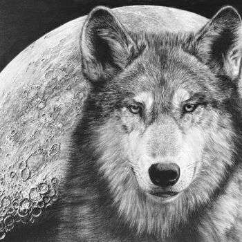 Drawing titled "Le Loup et la Lune…" by Vladimir Sumarokov, Original Artwork, Charcoal