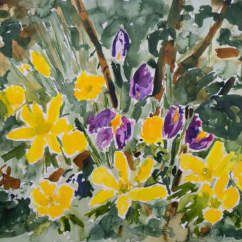 Painting titled "Winterlinge und Kro…" by Ute Meyer, Original Artwork, Watercolor Mounted on Cardboard