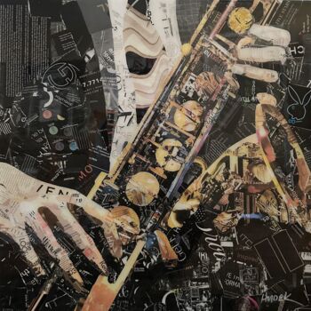 拼贴 标题为“Jazz Sax at Night” 由Jim Hudek James Hudek, 原创艺术品, 拼贴 安装在木板上