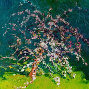Painting titled "Blooming Apple Tree…" by Suren Nersisyan, Original Artwork, Oil Mounted on Wood Stretcher frame