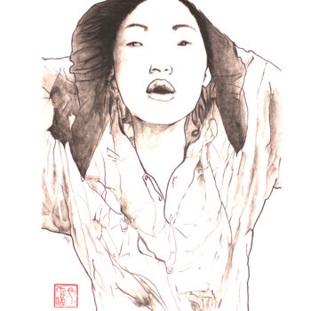 Drawing titled "Młoda kobieta w kap…" by Marcin Filip Banasik, Original Artwork, Graphite