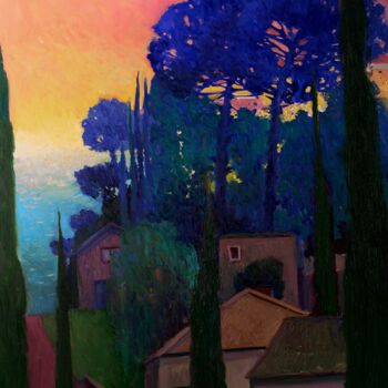 Painting titled "Blue Pine Trees, Be…" by Suren Nersisyan, Original Artwork, Oil Mounted on Wood Stretcher frame