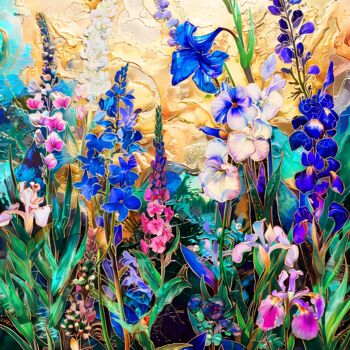 Arte digitale intitolato "Bellflowers, delphi…" da Bast, Opera d'arte originale, Stampa a pellicola Montato su Telaio per ba…